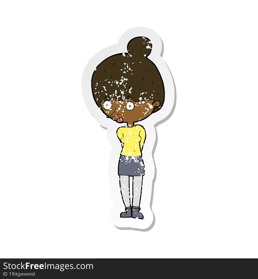 retro distressed sticker of a cartoon woman staring