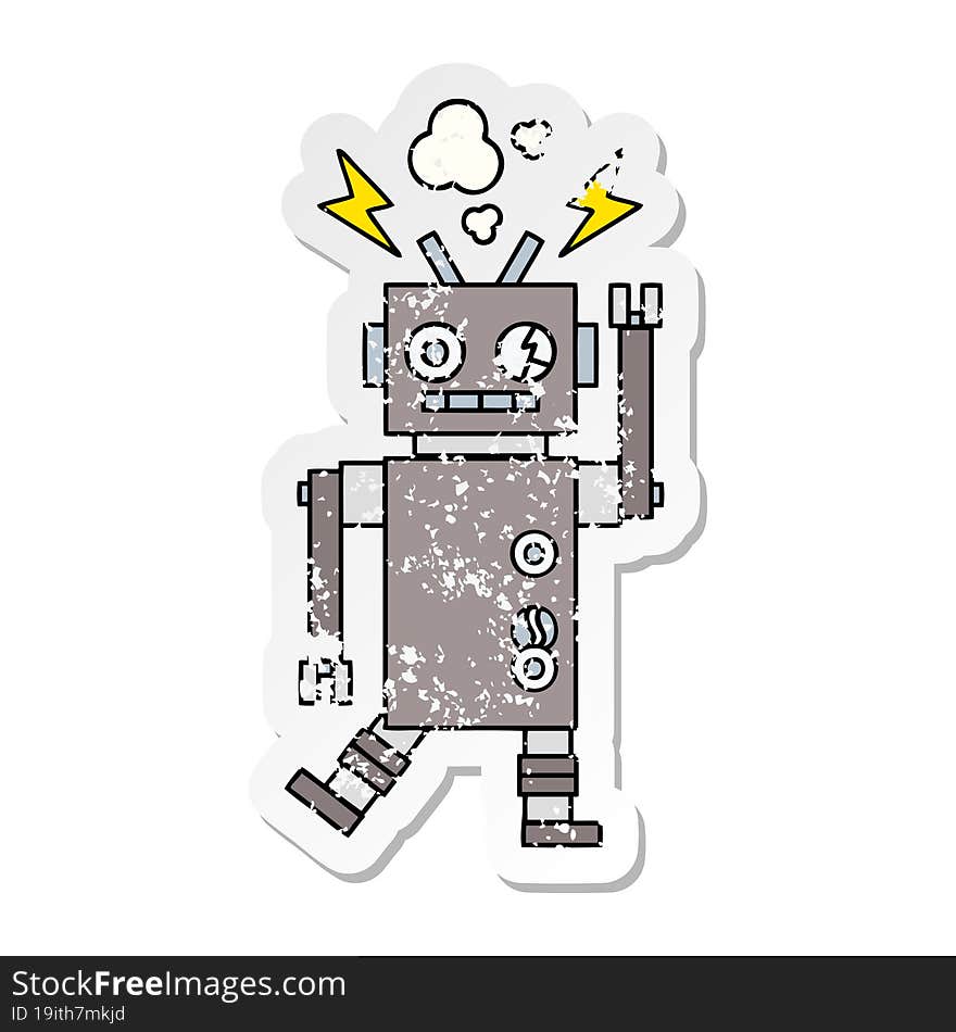 distressed sticker of a cute cartoon malfunctioning robot