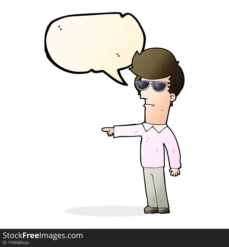 cartoon man in glasses pointing with speech bubble