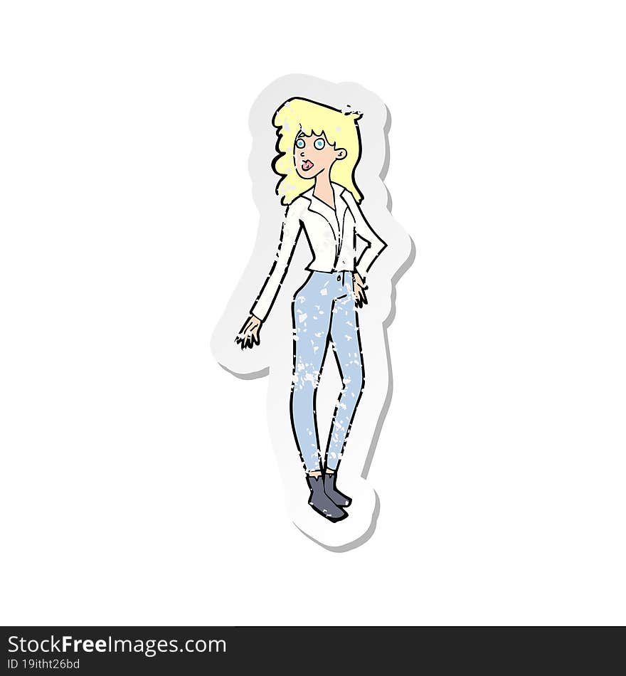 retro distressed sticker of a cartoon pretty woman