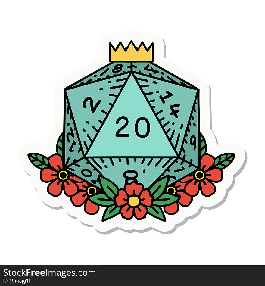 sticker of a natural 20 D20 dice roll with floral elements. sticker of a natural 20 D20 dice roll with floral elements