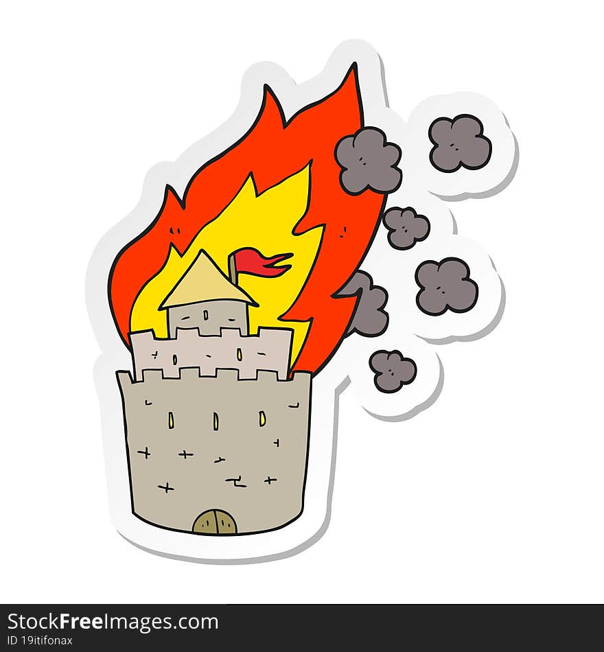 sticker of a cartoon burning castle