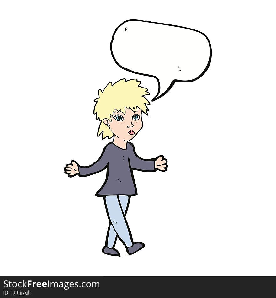 cartoon woman shrugging shoulders with speech bubble