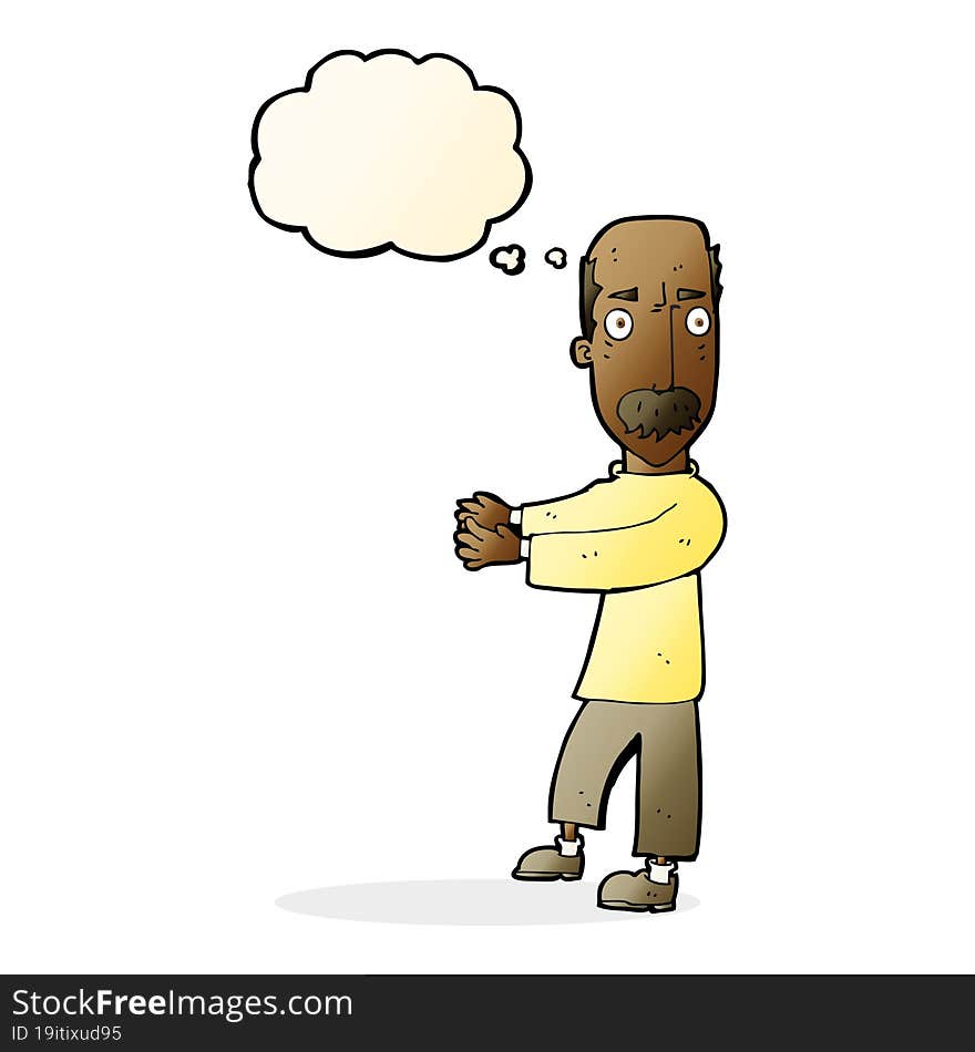 cartoon balding man explaining with thought bubble