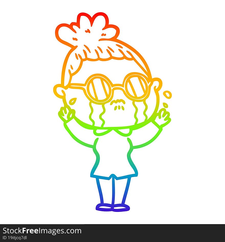 rainbow gradient line drawing cartoon crying woman wearing spectacles