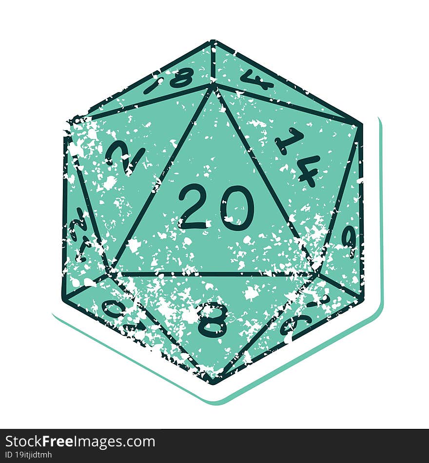 iconic distressed sticker tattoo style image of a d20 dice. iconic distressed sticker tattoo style image of a d20 dice