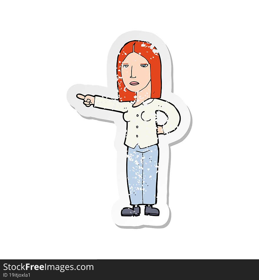 retro distressed sticker of a cartoon woman pointing