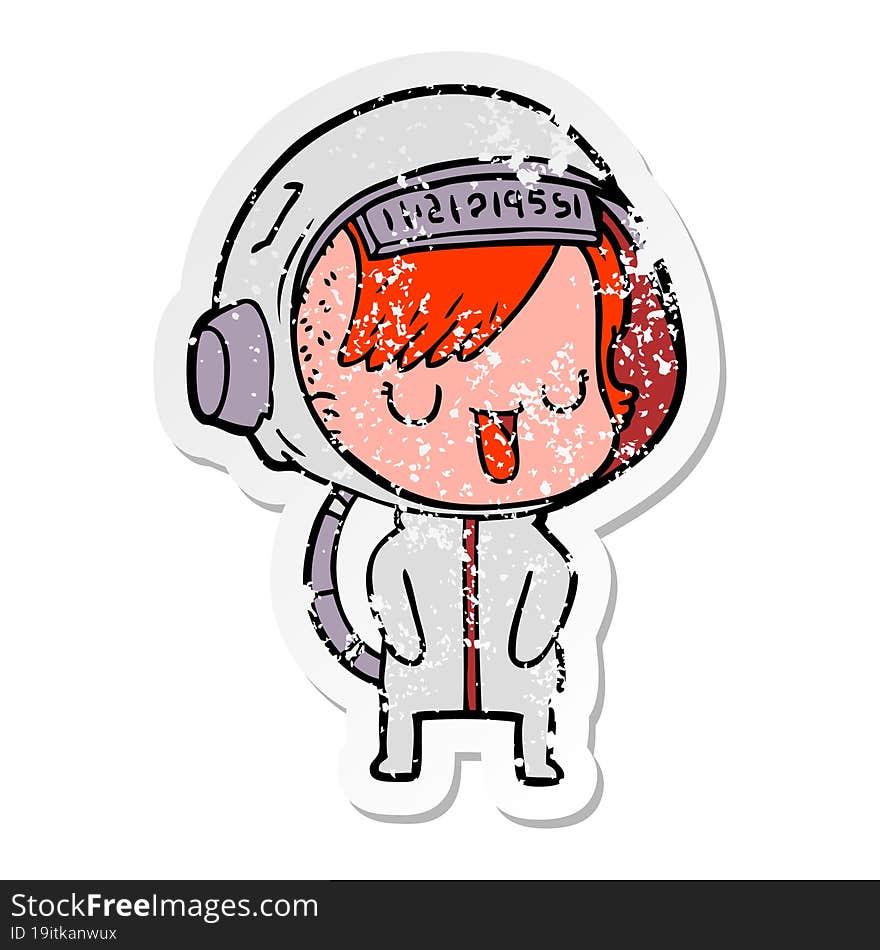 distressed sticker of a cartoon astronaut woman