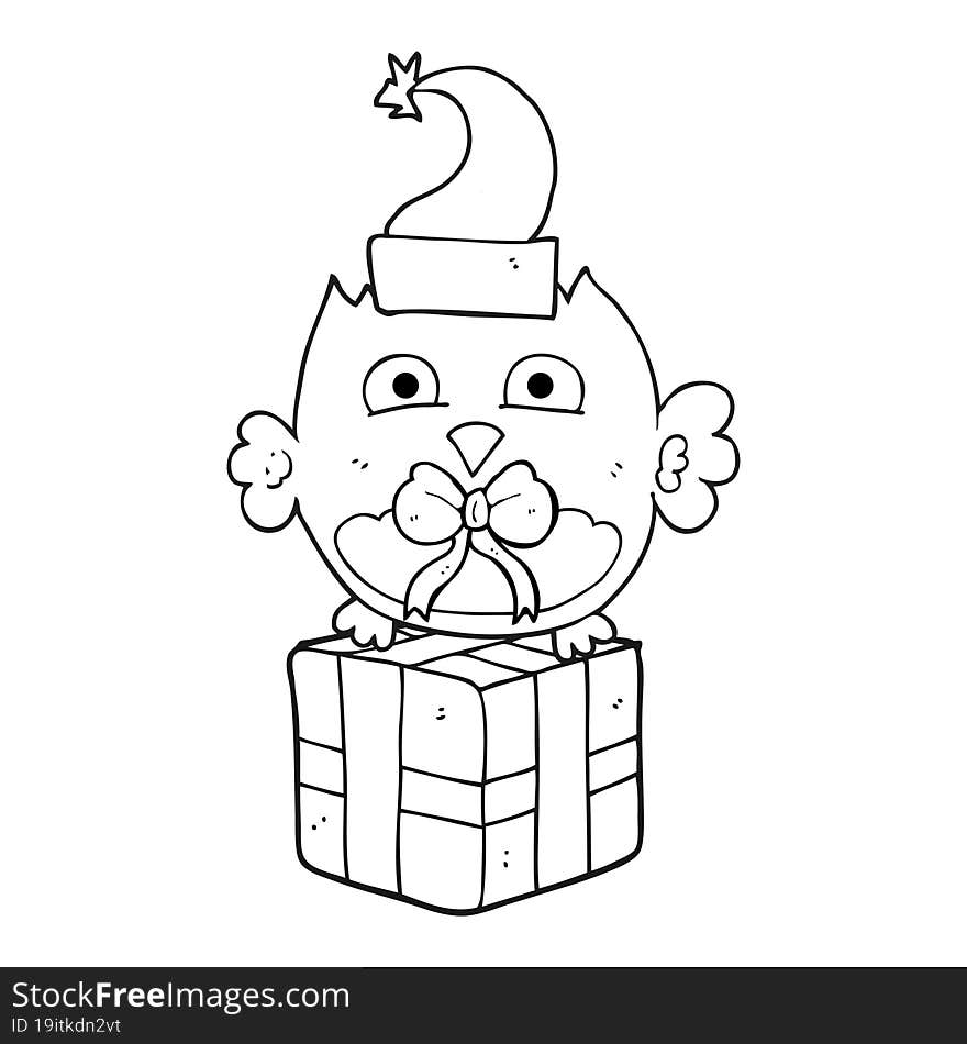 freehand drawn black and white cartoon christmas owl