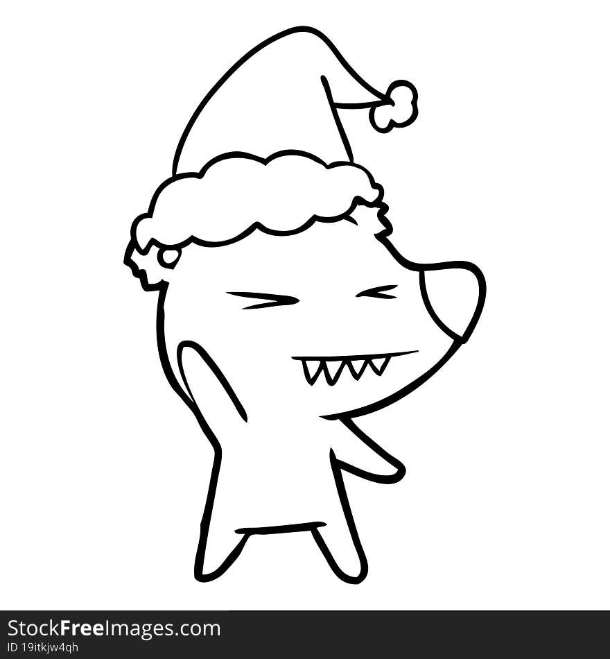 angry polar bear line drawing of a wearing santa hat