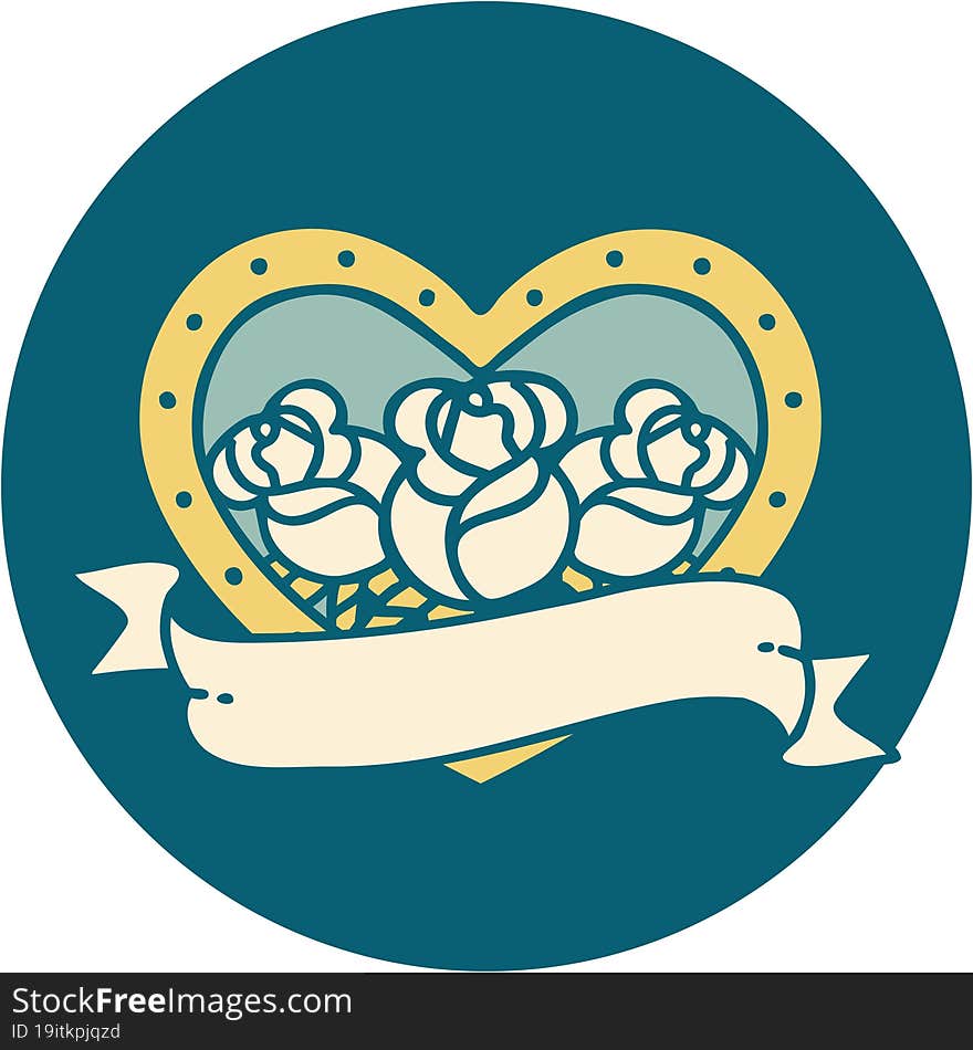 iconic tattoo style image of a heart and banner with flowers. iconic tattoo style image of a heart and banner with flowers