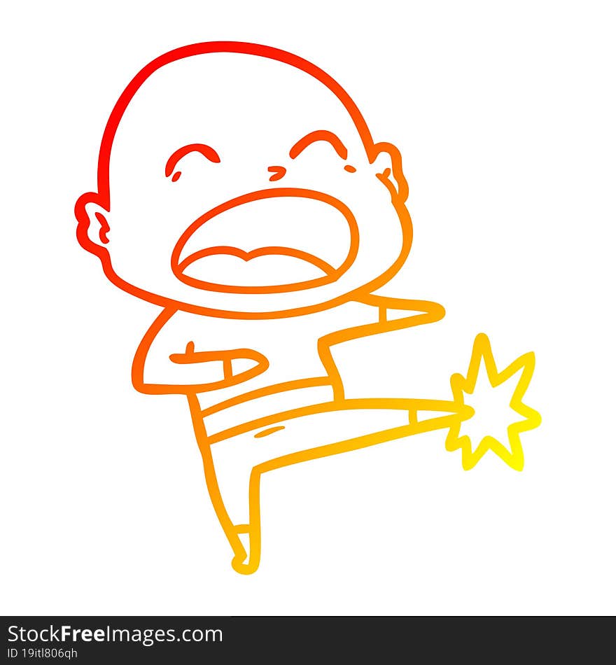 warm gradient line drawing cartoon bald man kicking