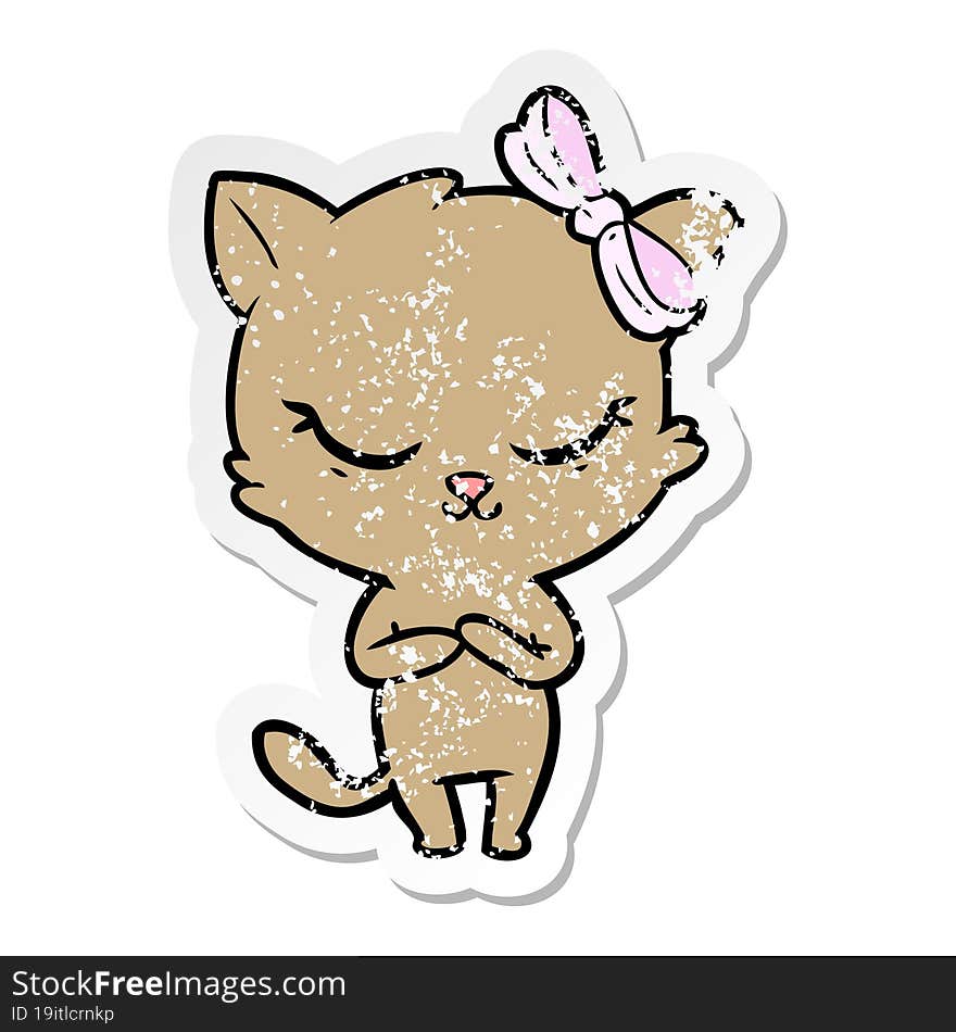 Distressed Sticker Of A Cute Cartoon Cat With Bow