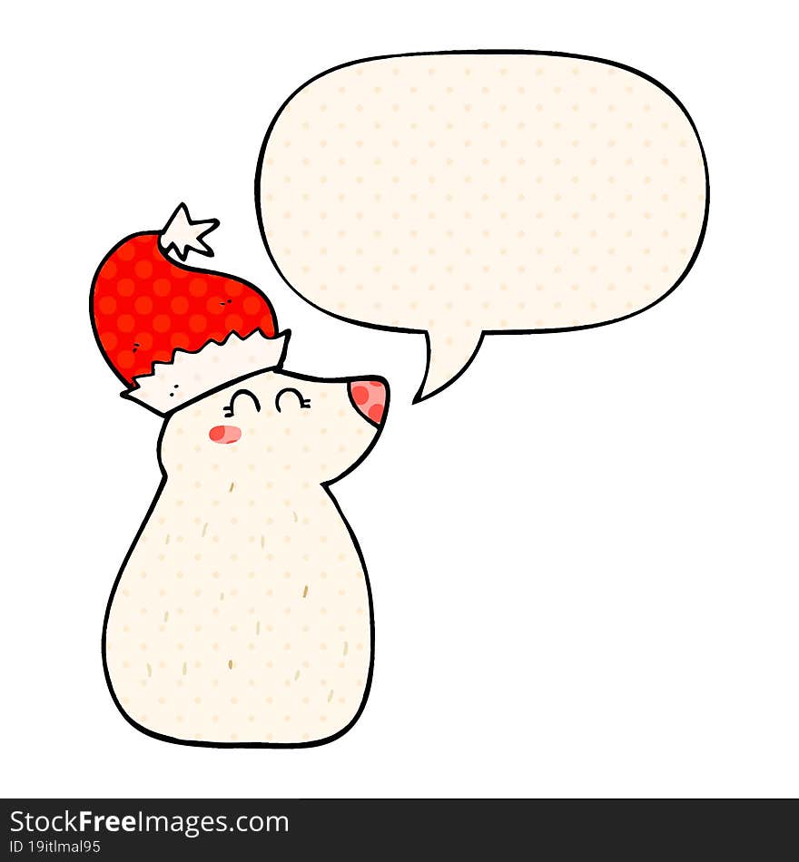 cartoon bear wearing christmas hat and speech bubble in comic book style