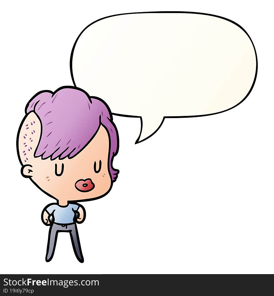 cartoon girl and punk hipster haircut and speech bubble in smooth gradient style