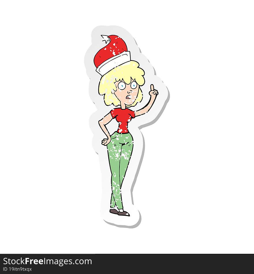 retro distressed sticker of a cartoon woman wearing santa hat