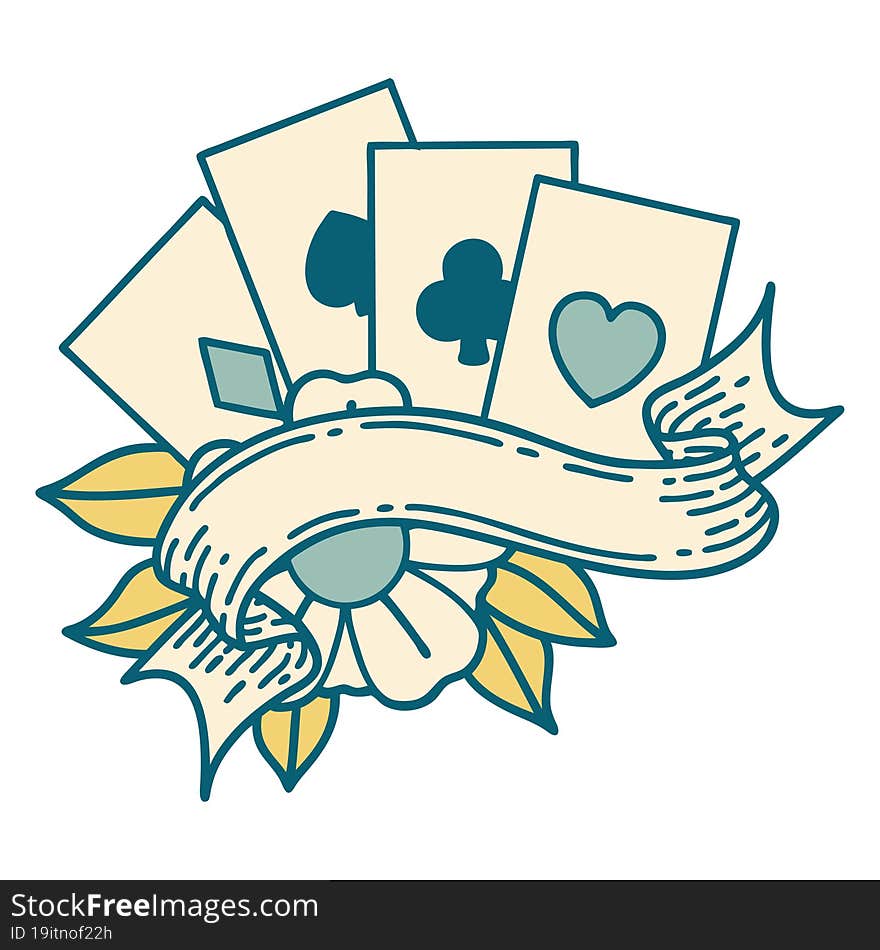 iconic tattoo style image of cards and banner. iconic tattoo style image of cards and banner