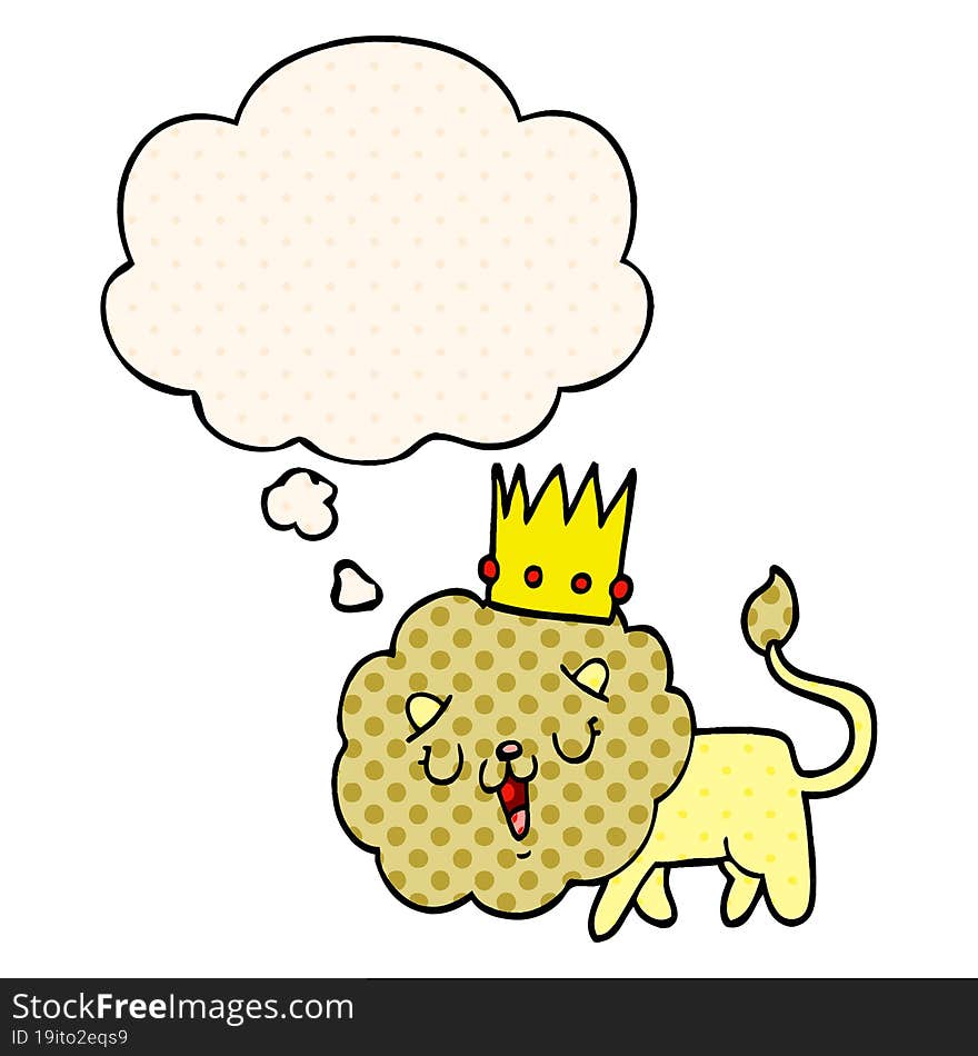 Cartoon Lion With Crown And Thought Bubble In Comic Book Style