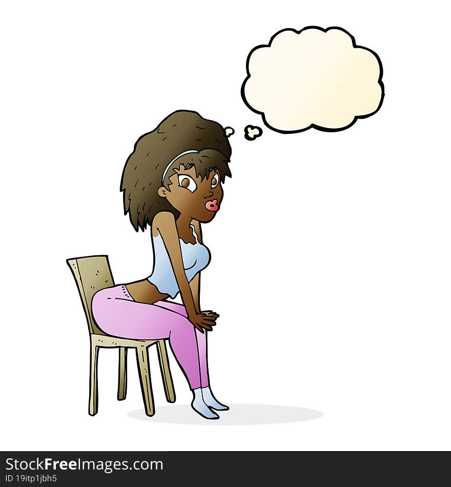 cartoon woman posing on chair with thought bubble