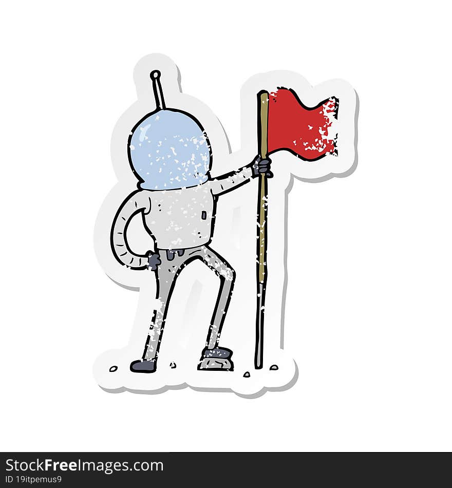 retro distressed sticker of a cartoon astronaut planting flag