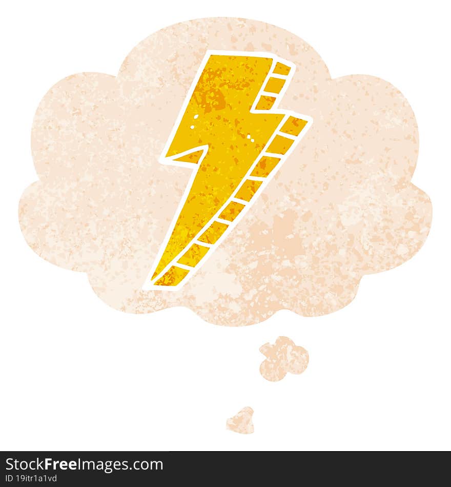 Cartoon Lightning Bolt And Thought Bubble In Retro Textured Style