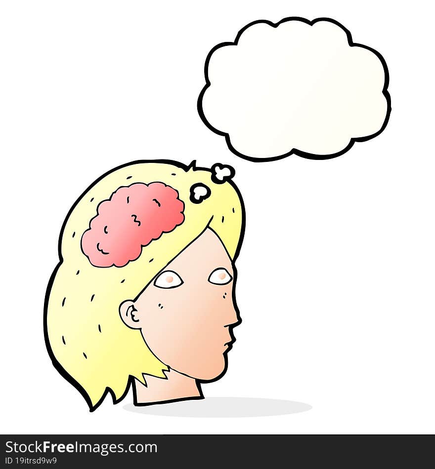 cartoon female head with brain symbol with thought bubble