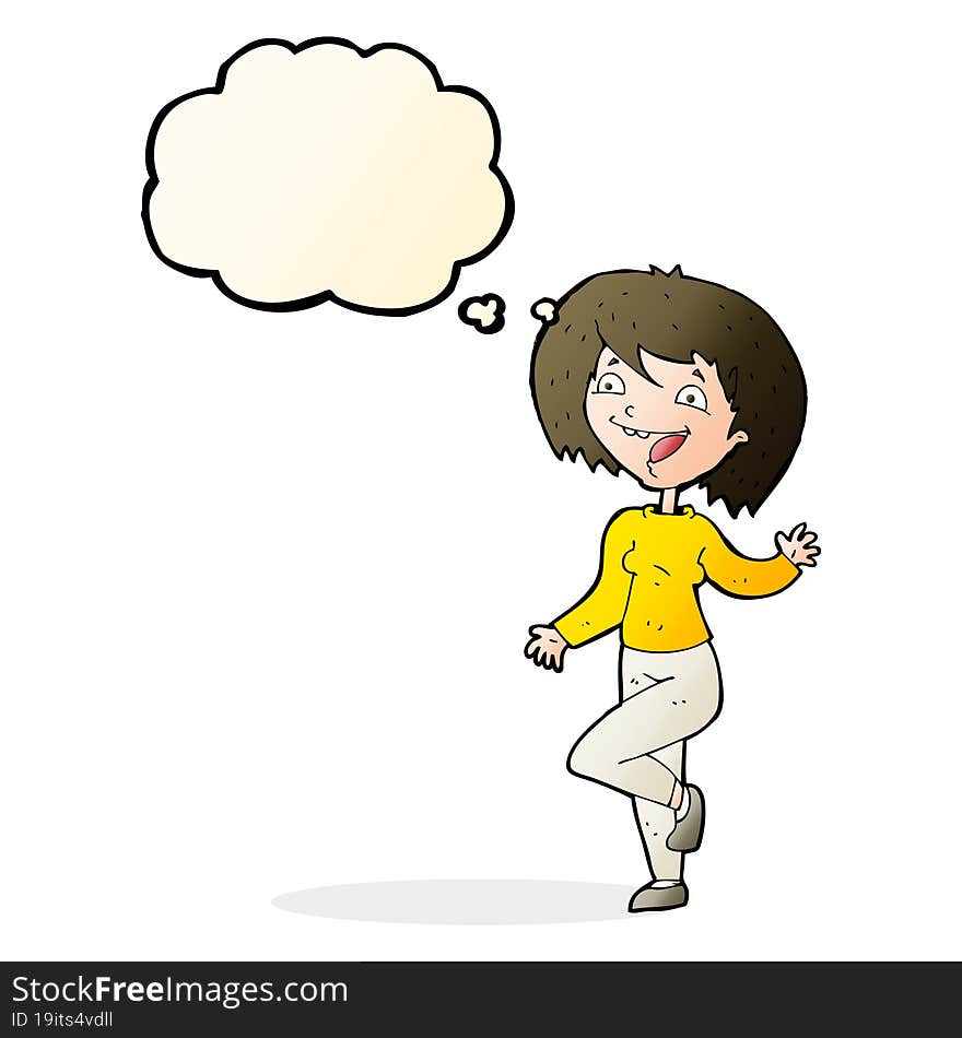 cartoon laughing woman with thought bubble