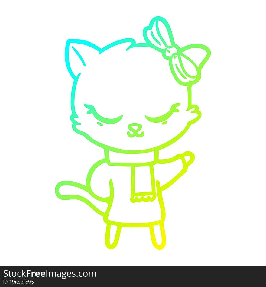 cold gradient line drawing cute cartoon cat with bow