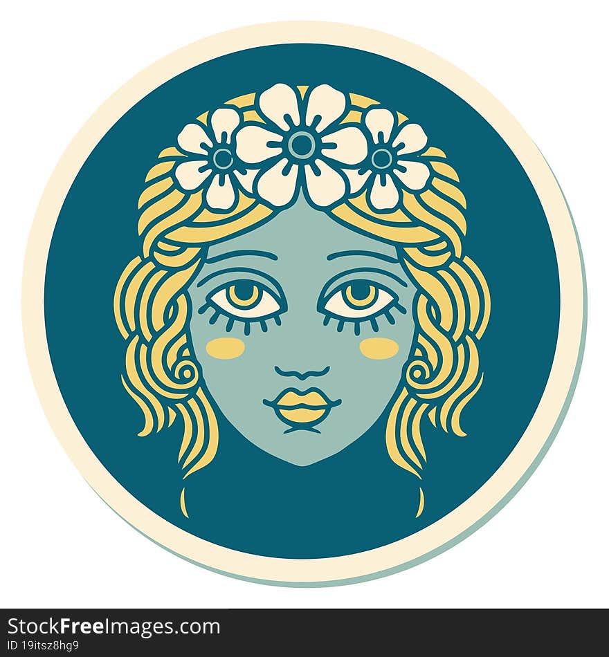 tattoo style sticker of female face with crown of flowers