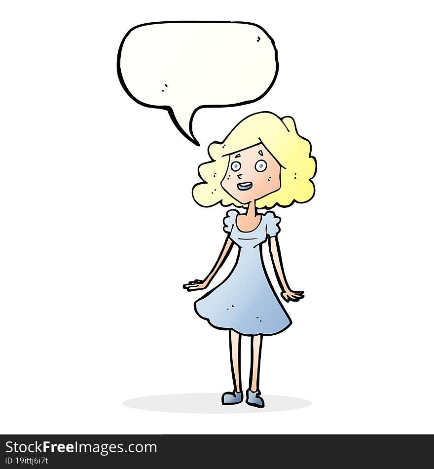 cartoon happy woman in dress with speech bubble