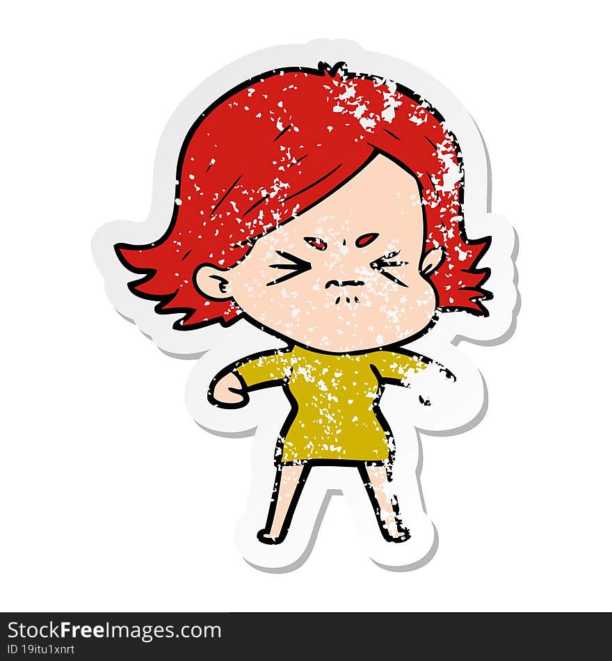 distressed sticker of a cartoon angry girl