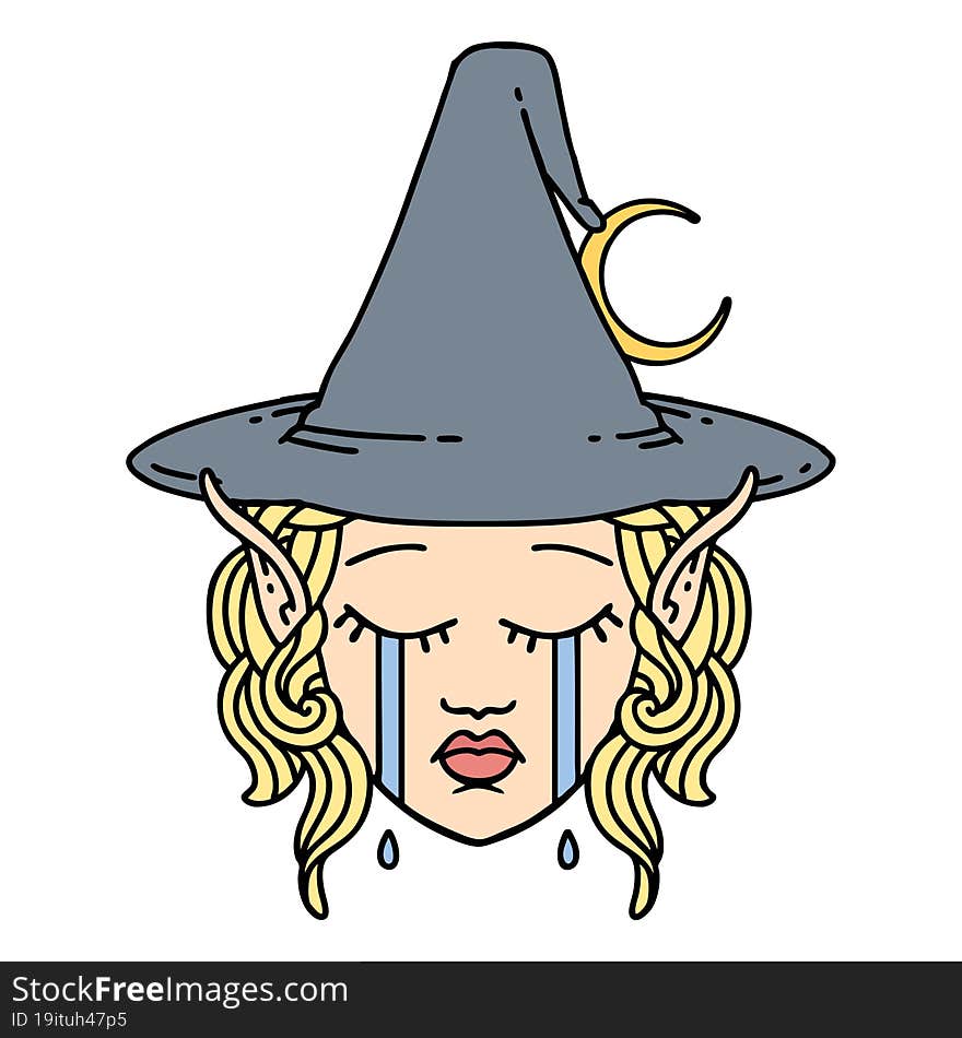 Retro Tattoo Style crying elf mage character face. Retro Tattoo Style crying elf mage character face