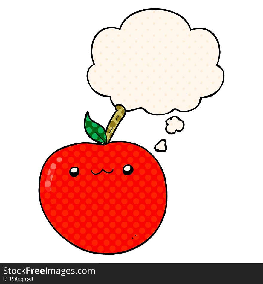 cartoon cute apple with thought bubble in comic book style