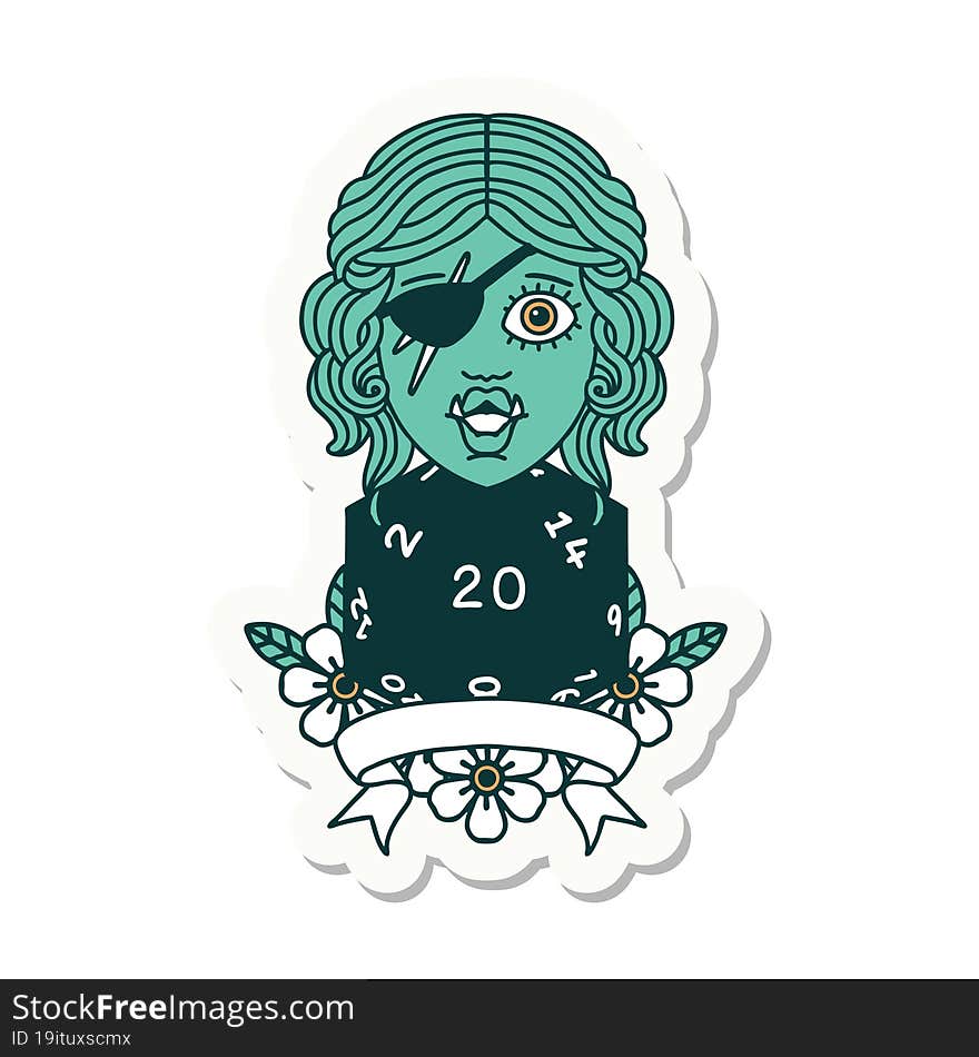 half orc rogue character with natural twenty dice roll sticker