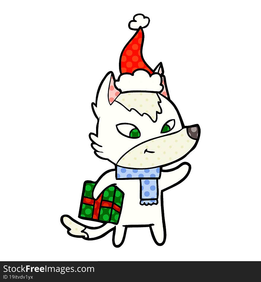 friendly comic book style illustration of a christmas wolf wearing santa hat