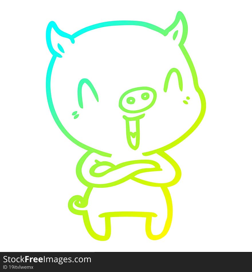 cold gradient line drawing of a happy cartoon pig