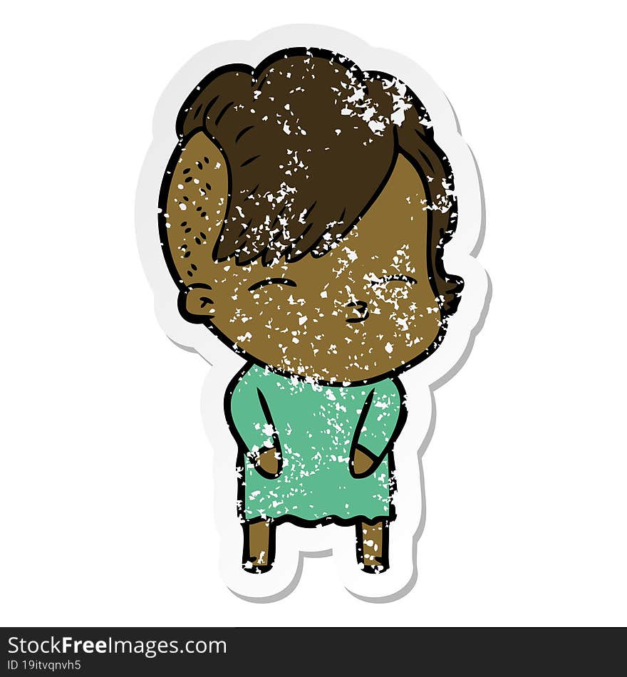 Distressed Sticker Of A Cartoon Squinting Girl