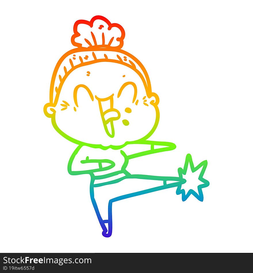 rainbow gradient line drawing of a cartoon happy old woman