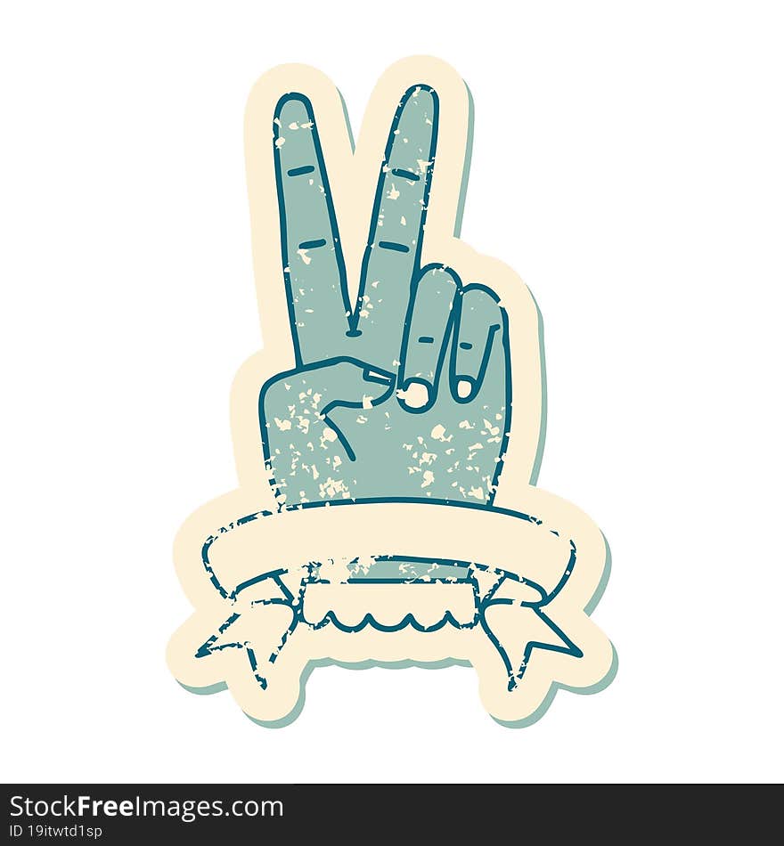 peace two finger hand gesture with banner grunge sticker