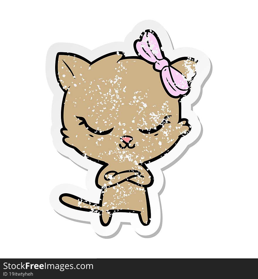 distressed sticker of a cute cartoon cat with bow