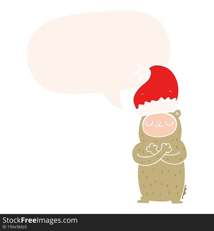 cartoon bear wearing christmas hat and speech bubble in retro style