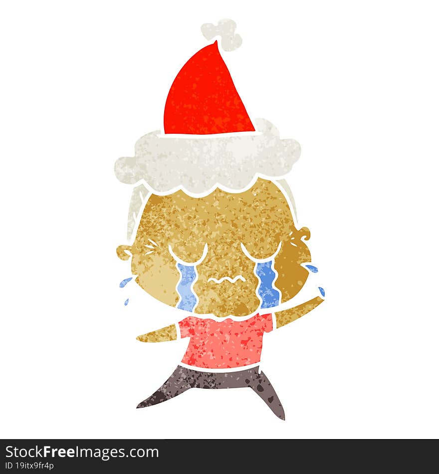 retro cartoon of a crying old lady wearing santa hat