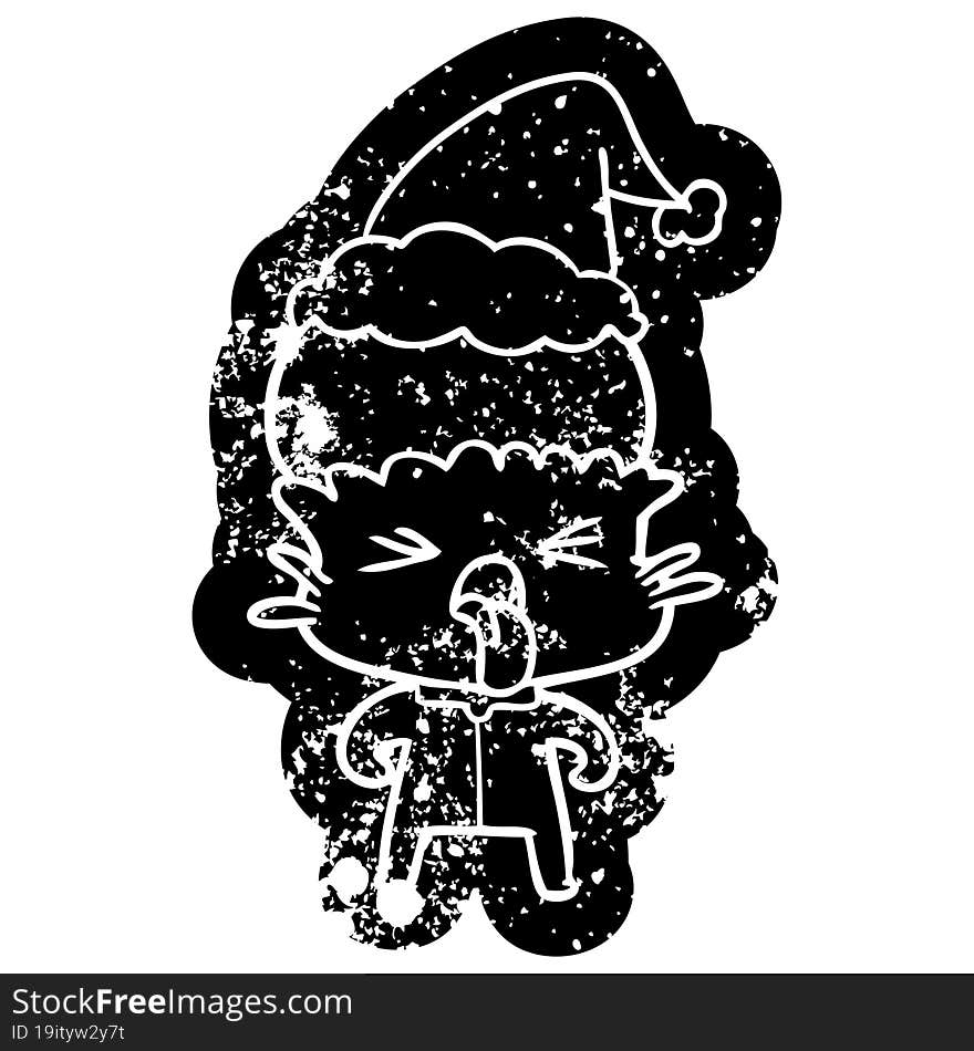 weird cartoon distressed icon of a alien wearing santa hat