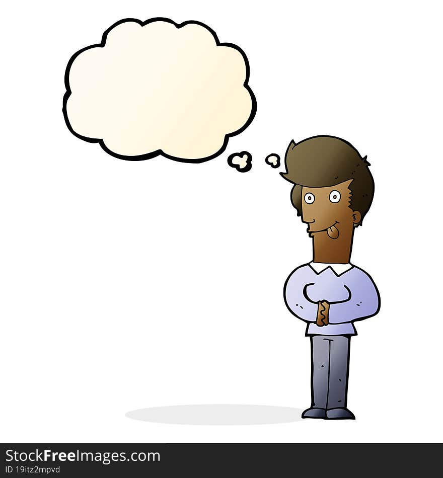 cartoon man sticking out tongue with thought bubble