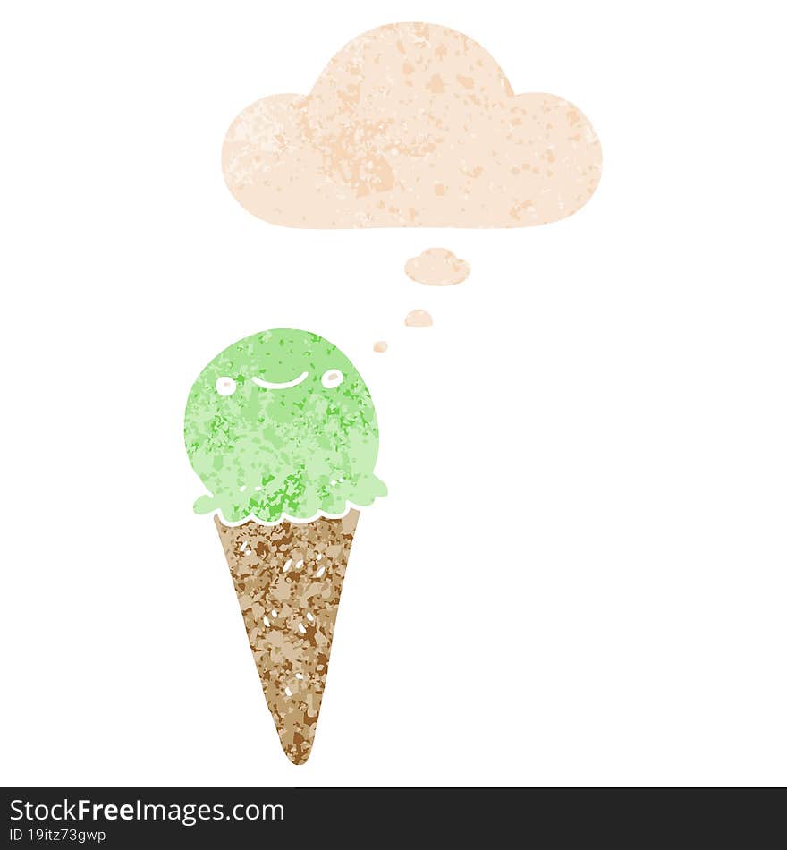 Cartoon Ice Cream And Thought Bubble In Retro Textured Style