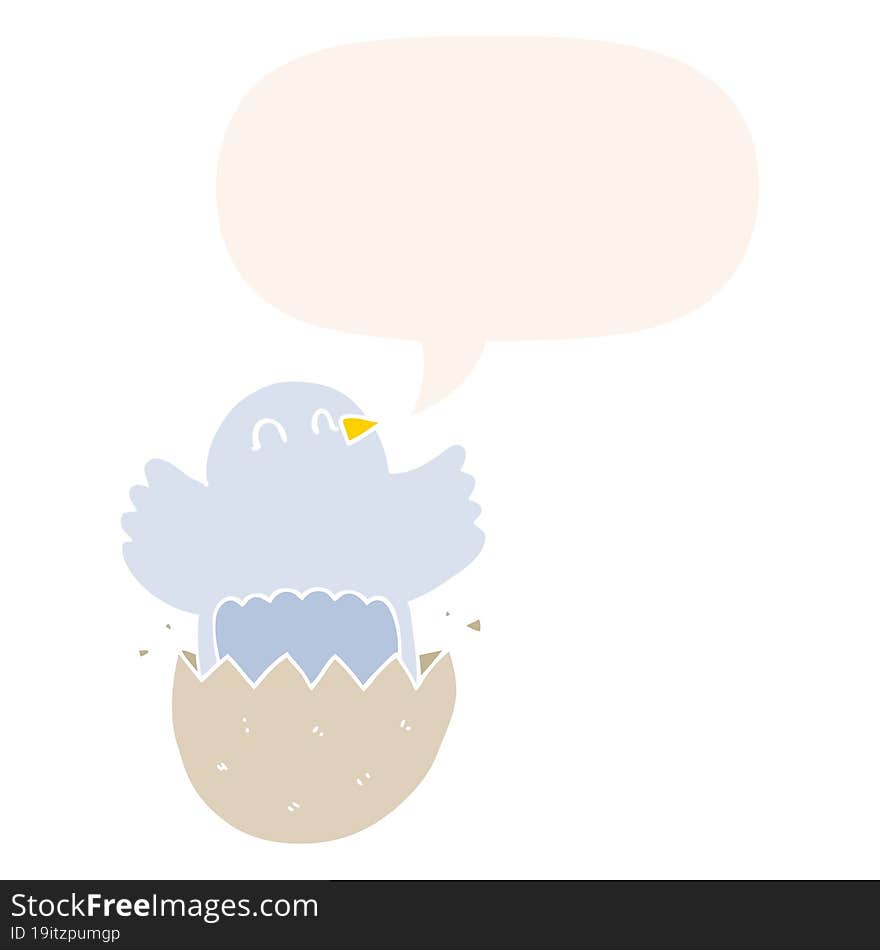 cartoon hatching chicken and speech bubble in retro style