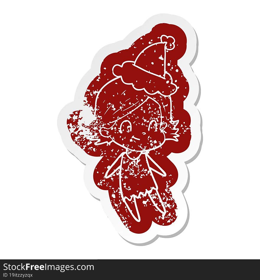 Cartoon Distressed Sticker Of A Friendly Girl Wearing Santa Hat