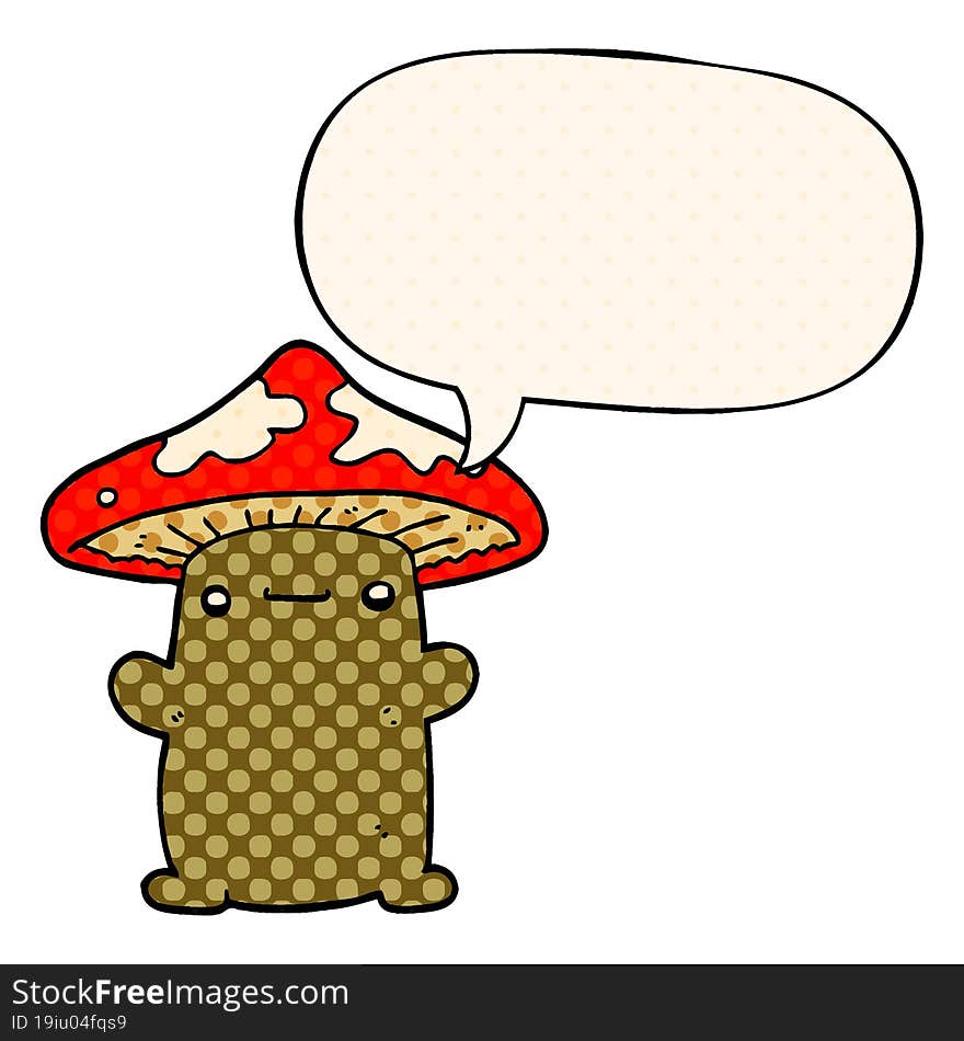 cartoon mushroom with speech bubble in comic book style