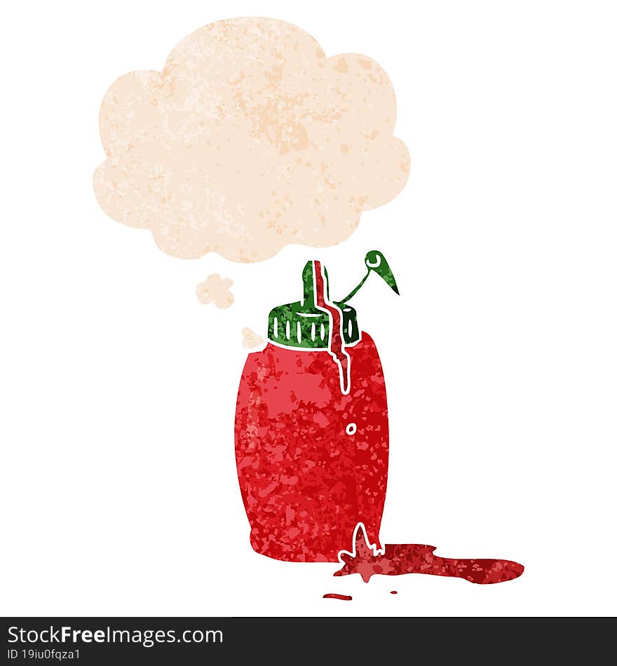 cartoon ketchup bottle and thought bubble in retro textured style