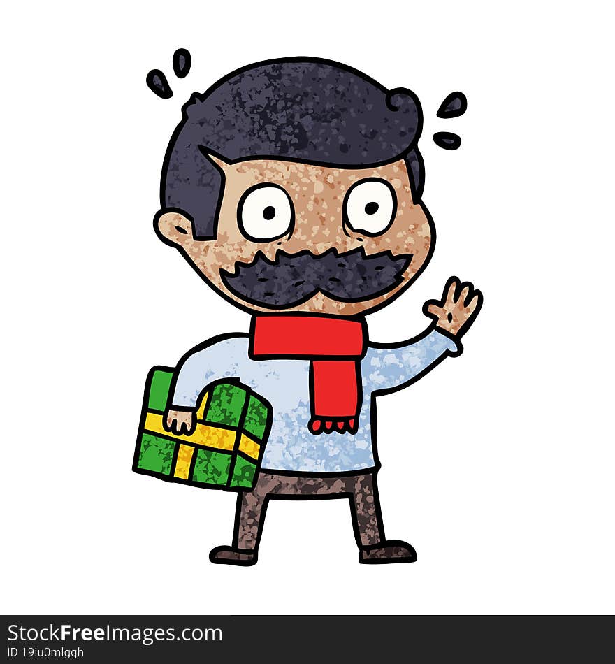 cartoon man with mustache and christmas present. cartoon man with mustache and christmas present